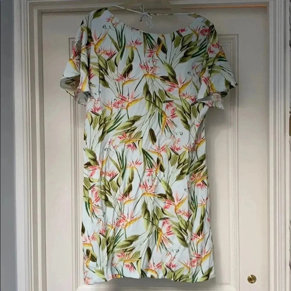 Zara Tropical Jungle Floral Print Ruffle Short Sleeve Low Back Mini Dress Size M - Picture 4 of 9
